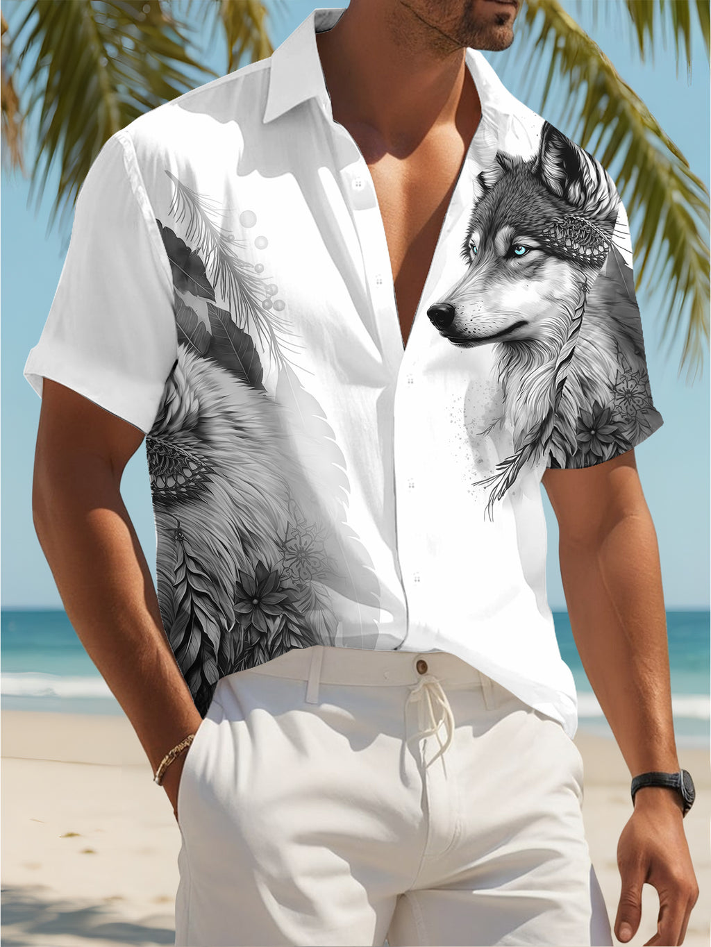 Men's Casual Fashion Short-Sleeve Shirt with Wolf Pattern Design, Suitable for Beach Vacations and Casual Outings, Wolf Portrait Art for a Relaxed Summer Look