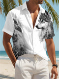 Men's Casual Fashion Short-Sleeve Shirt with Wolf Pattern Design, Suitable for Beach Vacations and Casual Outings, Wolf Portrait Art for a Relaxed Summer Look