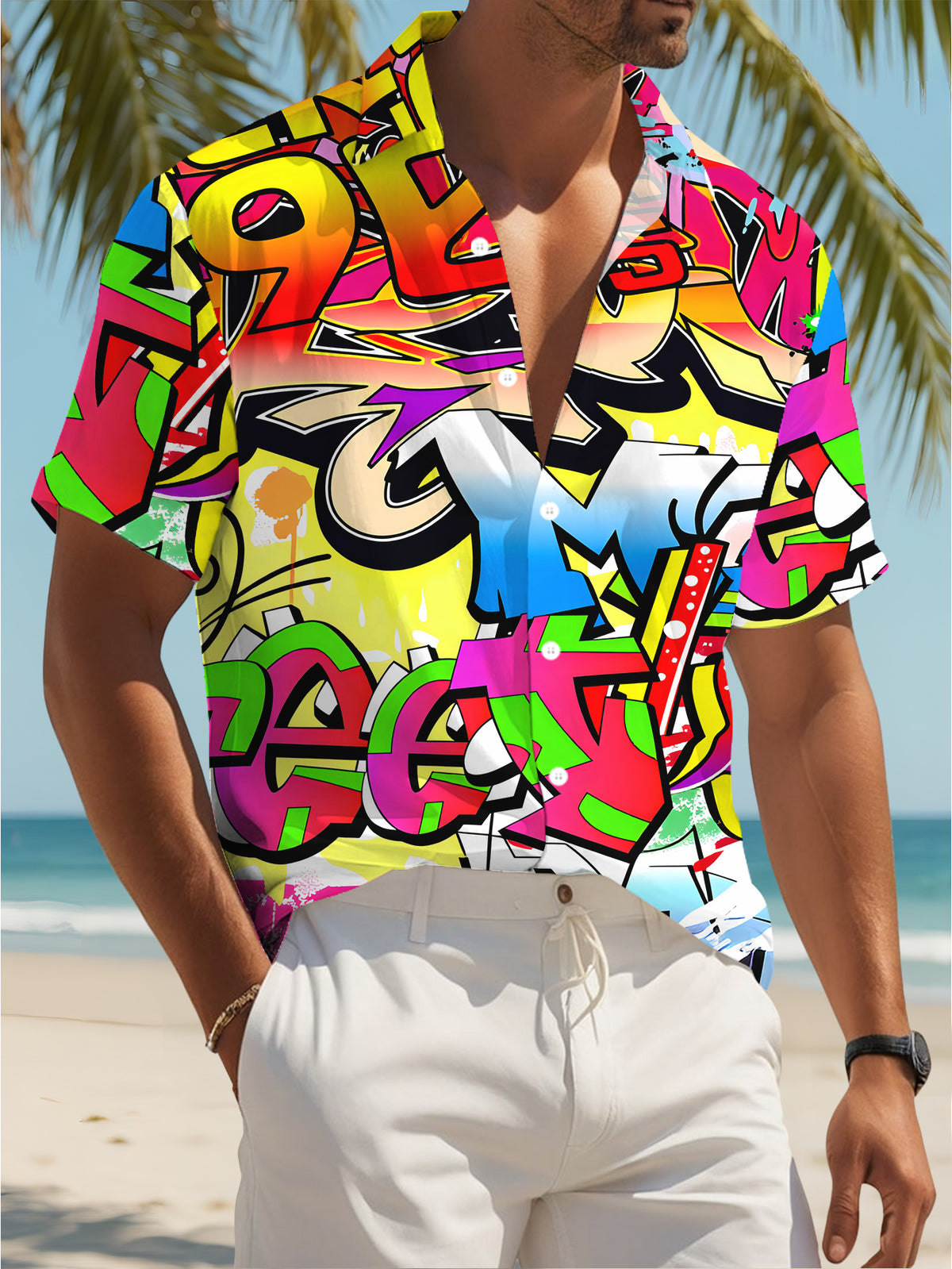 Colorful Graffiti Style Men'S Casual Shirt with Bold Urban Art Design Summer Vibrant Streetwear Pattern