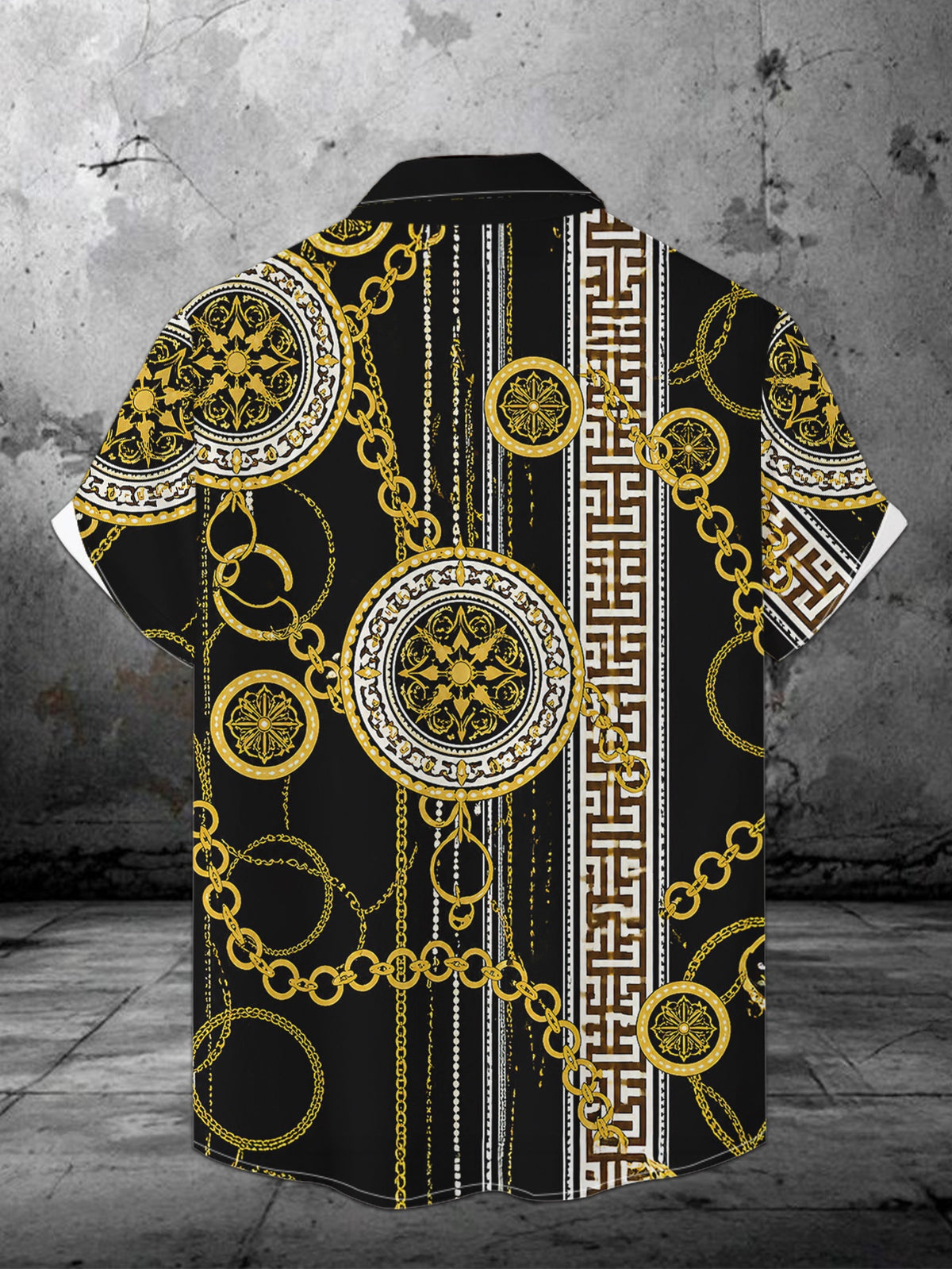 Men'S Digital Print Short Sleeve Shirt, New Summer Fashion Trend, Unique Geometric Chain Print, Casual Loose Fit, Turn- Collar Half Sleeve Top