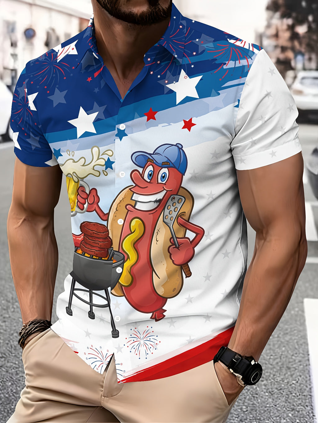 Men'S Short Sleeve Shirt with American Independence Day Theme Print, Cartoon Barbecue Pattern, Hawaiian Style Top
