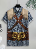 Fantasy Warrior Style Men'S Casual Shirt, Printed Gray Stone Texture with Brown Leather Straps And Golden Ram Head Belt, Summer Design Featuring Detailed Armor And Faux Fur Collar
