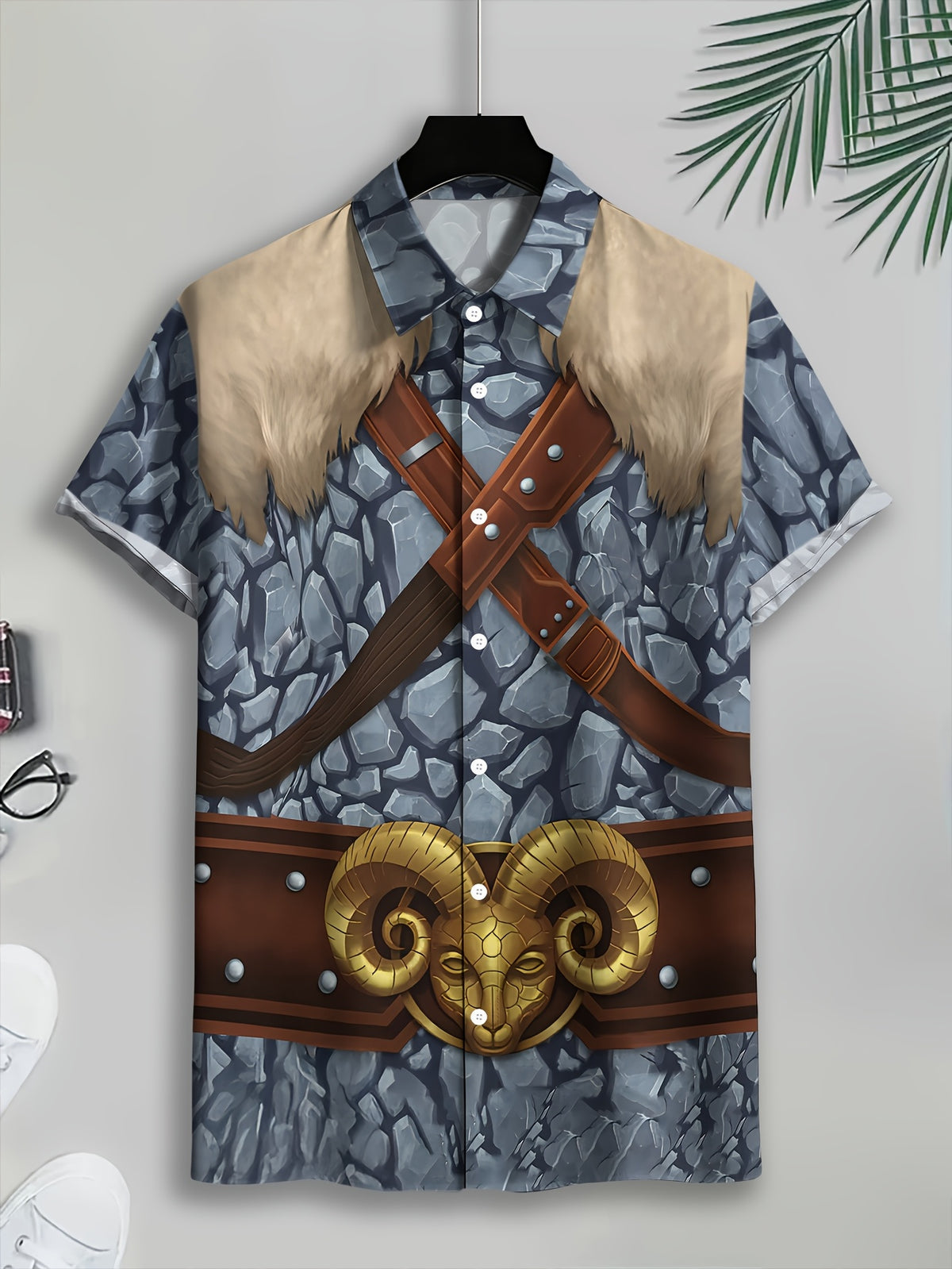 Fantasy Warrior Style Men'S Casual Shirt, Printed Gray Stone Texture with Brown Leather Straps And Golden Ram Head Belt, Summer Design Featuring Detailed Armor And Faux Fur Collar