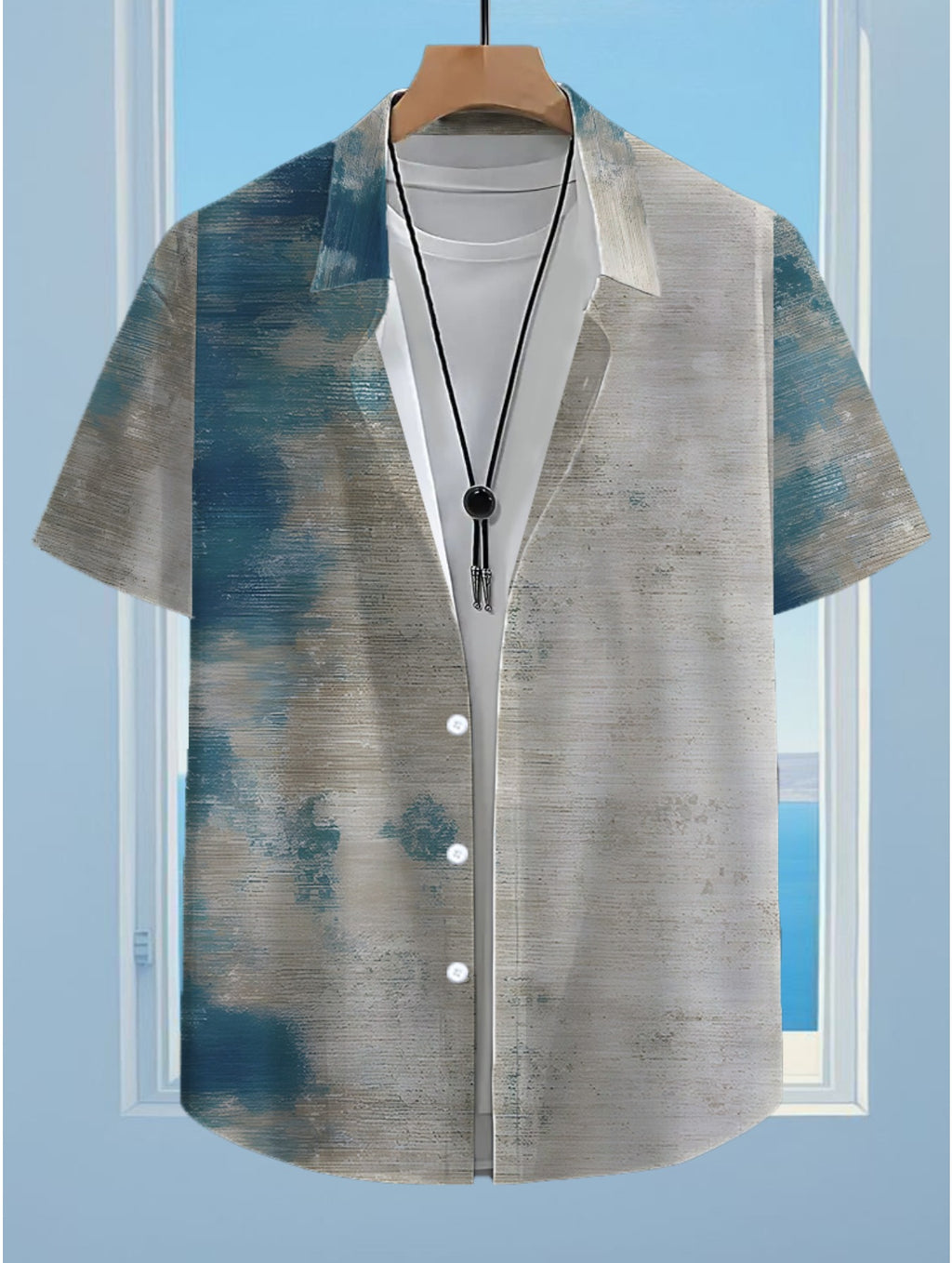 Hawaiian Tropical Blue, White, And Gray Gradient Patterned Elements Fun Print Men'S Casual Shirt - Short-Sleeve Button Design, Suitable for Summer Outdoor And Casual Wear, Everyday Outfits