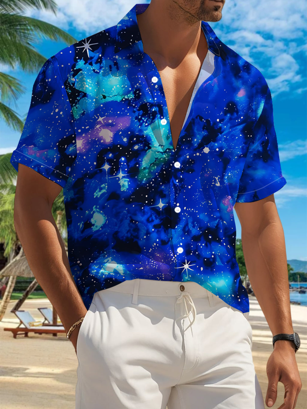 New Men'S Casual Short-Sleeve Shirt in Indigo with Swirling Starry Clouds, Adorned with Star-Like Sequins Across The Night Sky. A Versatile Top Suitable for Holiday Gatherings And Commuting