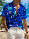 New Men'S Casual Short-Sleeve Shirt in Indigo with Swirling Starry Clouds, Adorned with Star-Like Sequins Across The Night Sky. A Versatile Top Suitable for Holiday Gatherings And Commuting