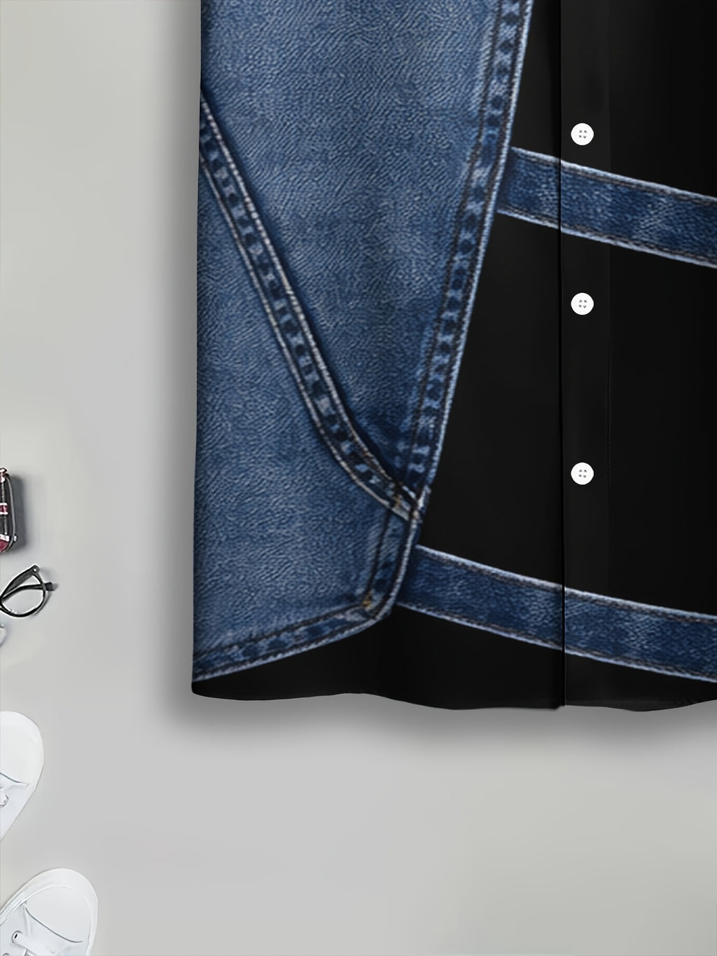 PrintedDesign-NotTextured 2dprinting Denim And Black Patchwork Style Men's Casual Shirt Print Denim Texture Design Summer Bold Contrast Panels