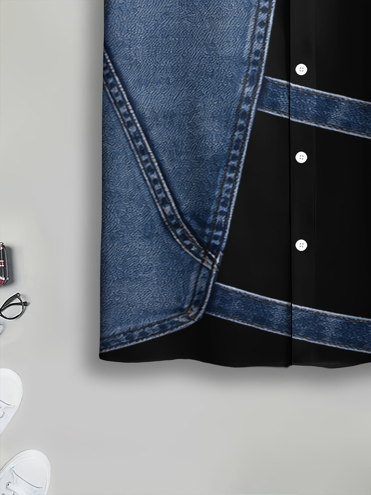 PrintedDesign-NotTextured 2dprinting Denim And Black Patchwork Style Men's Casual Shirt Print Denim Texture Design Summer Bold Contrast Panels