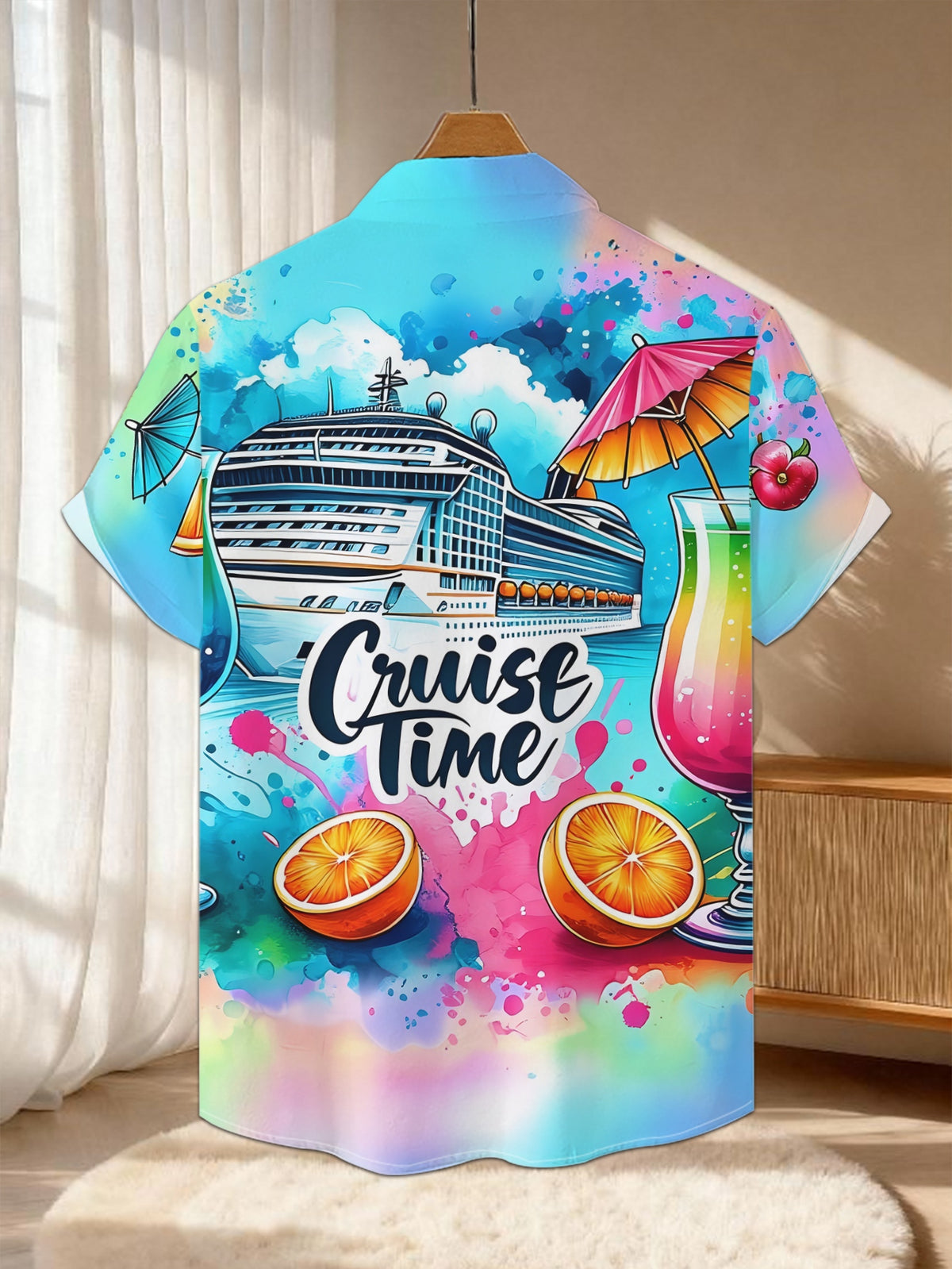 New Men'S Casual Short-Sleeve Shirt, Perfect for Cruise Moments, Vibrant Drinks Accompany Your Journey, Suitable for Holiday Gatherings And Commuting, Versatile Casual Top, Made of Machine-Washable Polyester Fabric, Button-Print Shirt