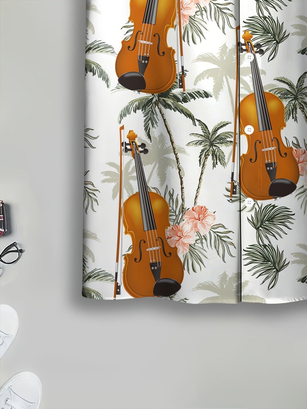 Hawaiian Style Men'S Casual Shirt Summer Printed White Violin And Palm Tree Pattern Fashionable Casual Short-Sleeve Shirt