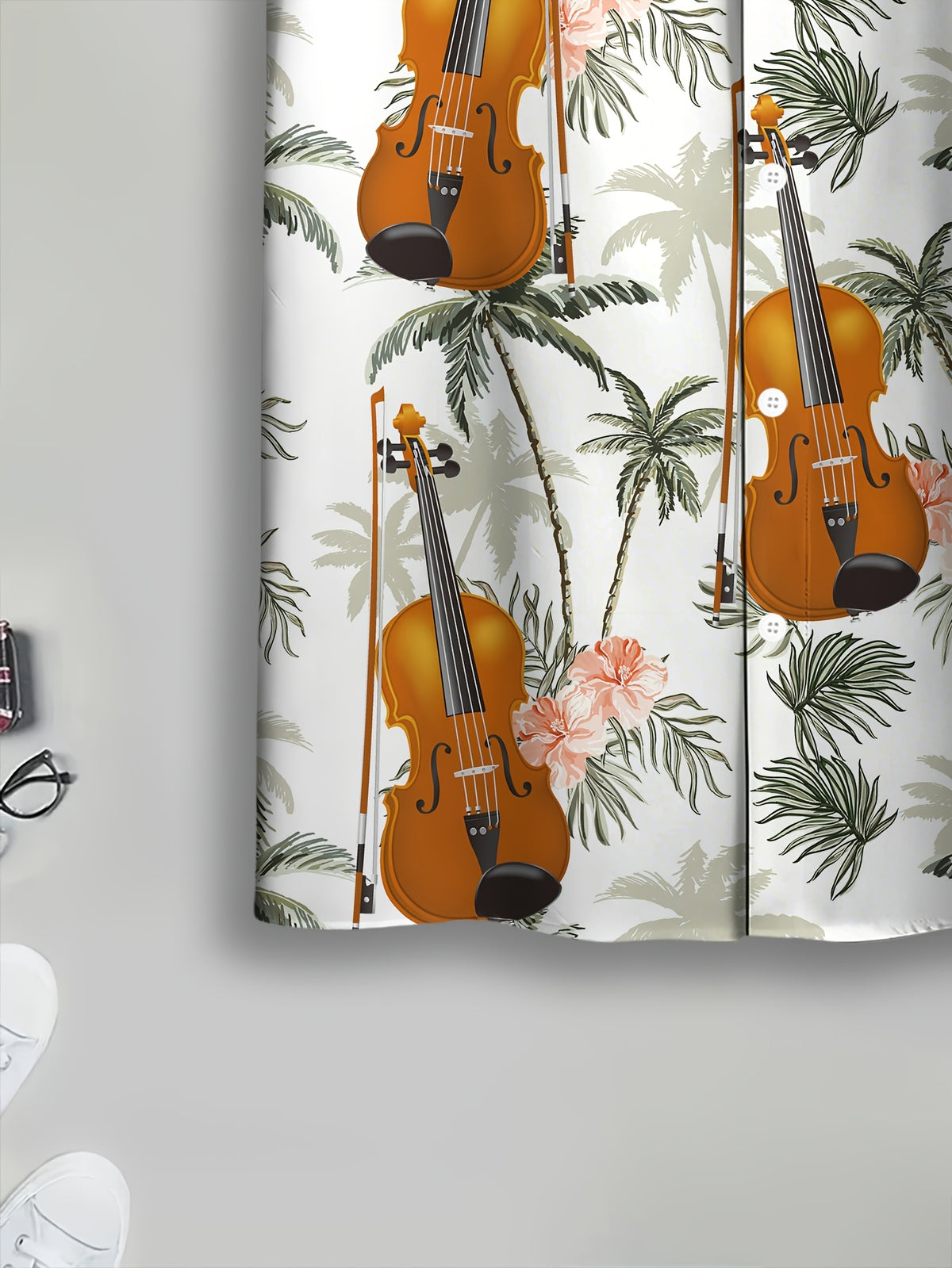 Hawaiian Style Men'S Casual Shirt Summer Printed White Violin And Palm Tree Pattern Fashionable Casual Short-Sleeve Shirt