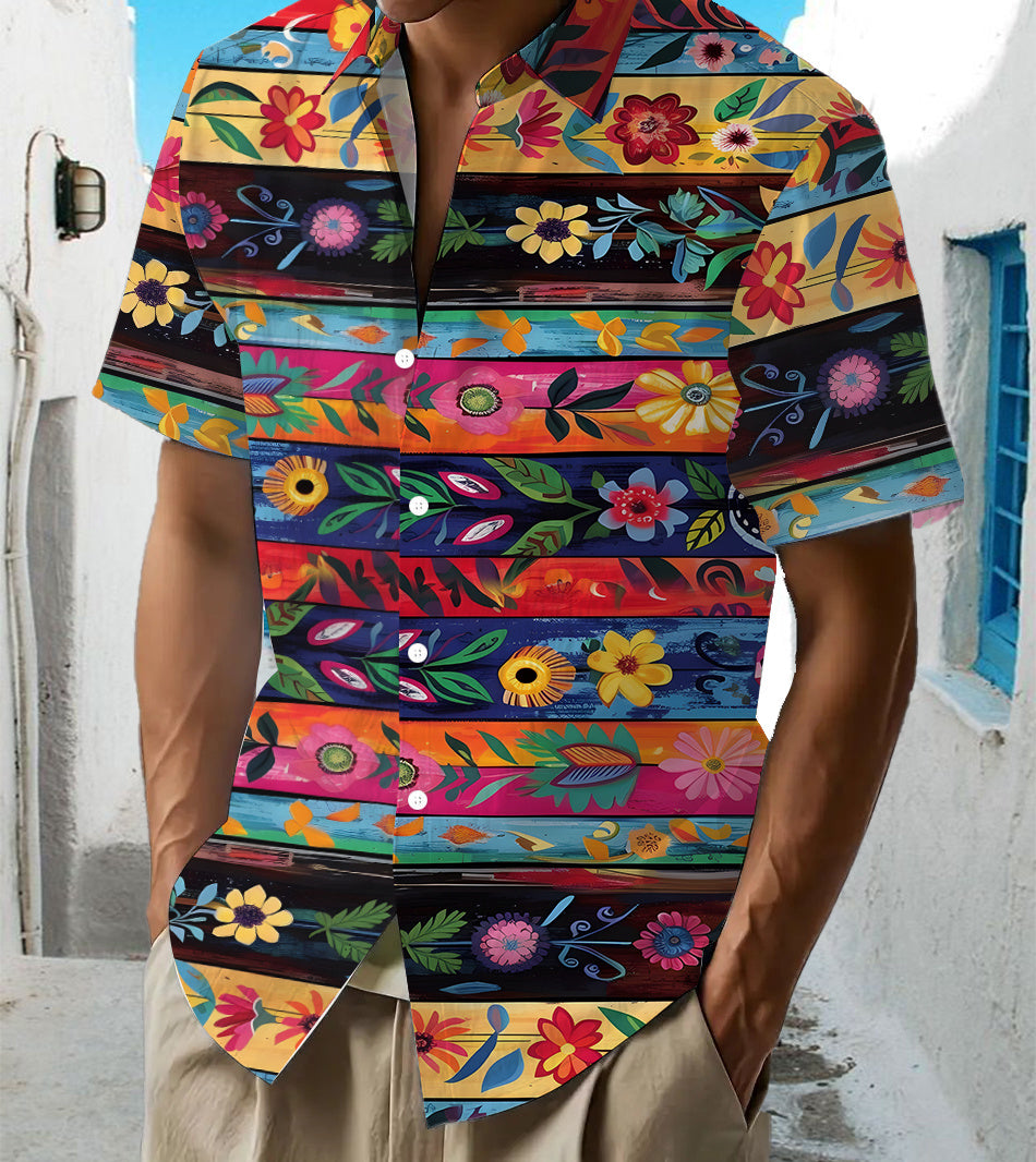 Fashionable Tropical Vibrant Floral Print Men'S Casual Shirt - Short-Sleeved Button Design, Suitable for Summer Outdoor And Leisure Wear