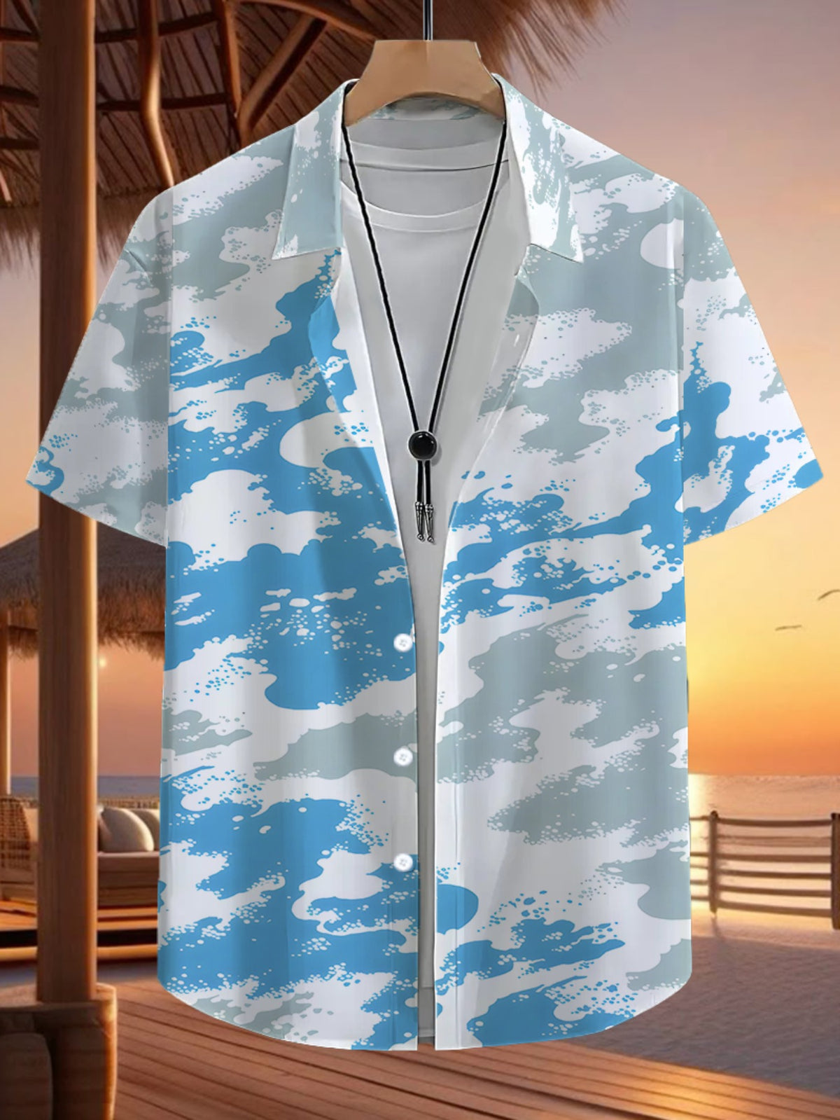 Hawaiian Tropical Wave Print Men's Casual Shirt - Short Sleeve Button Design, Vibrant Colors, Summer Outdoor and Leisure Wear, Machine Washable