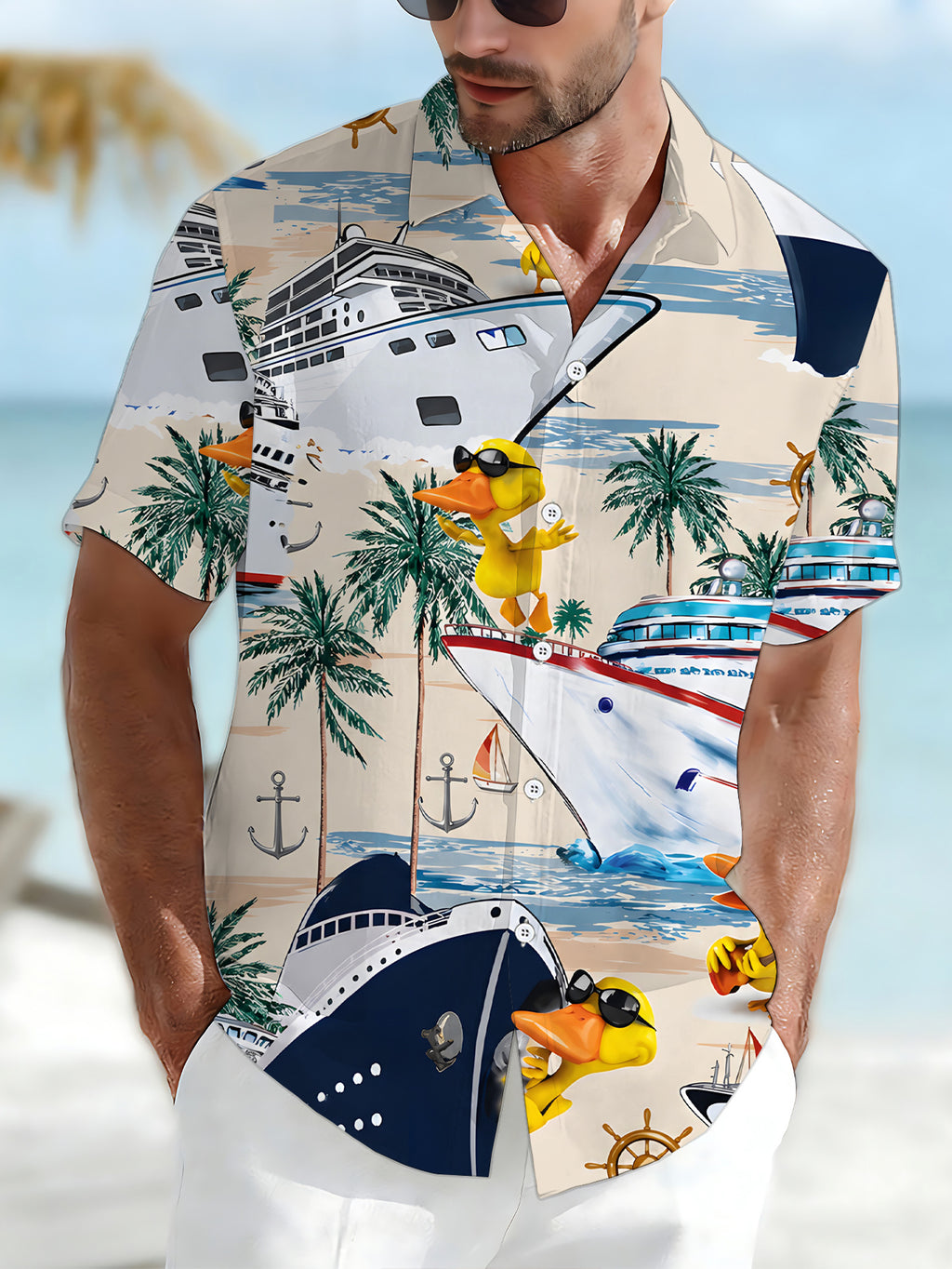 [Print Design – Not Texture] Men's Casual Shirt with Digital Print, Standard Size Short Sleeve Shirt, Cartoon Duck Cruise Scenery, Stylish and Chic Dopamine Party Top, Clothing/Print/Fashion/Men/Summer/Street/Trend