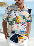 [Print Design – Not Texture] Men's Casual Shirt with Digital Print, Standard Size Short Sleeve Shirt, Cartoon Duck Cruise Scenery, Stylish and Chic Dopamine Party Top, Clothing/Print/Fashion/Men/Summer/Street/Trend