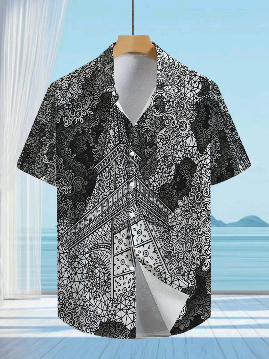 Men's Tropical Paisley Print Short Sleeve Button- Shirt - Loose Fit Collar Summer Beach Shirt with Full-Body Leaf & flower Patterns, Casual Outdoor Wear for Hawaiian Vacations & Everyday Use (Non-Stretch Fabric)
