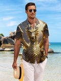 New Men's Casual Short-Sleeve Shirt with Golden Scales and Silvery Horns, Featuring a Majestic Winged Dragon, Standing Radiantly in Shining Glory. Versatile Top for Festive Gatherings and Commuting. Made of Polyester Fiber, Machine Washable.