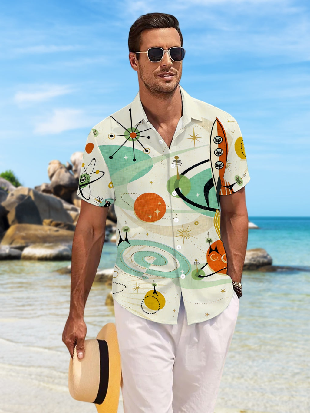 New Men's Casual Short-Sleeve Shirt, Vintage-Style Whimsical Interstellar Adventure with Adorable Cat Riding a Spaceship to Explore the Universe, Versatile Casual Top for Holiday Parties and Commuting, Polyester Fiber Fabric, Machine Washable