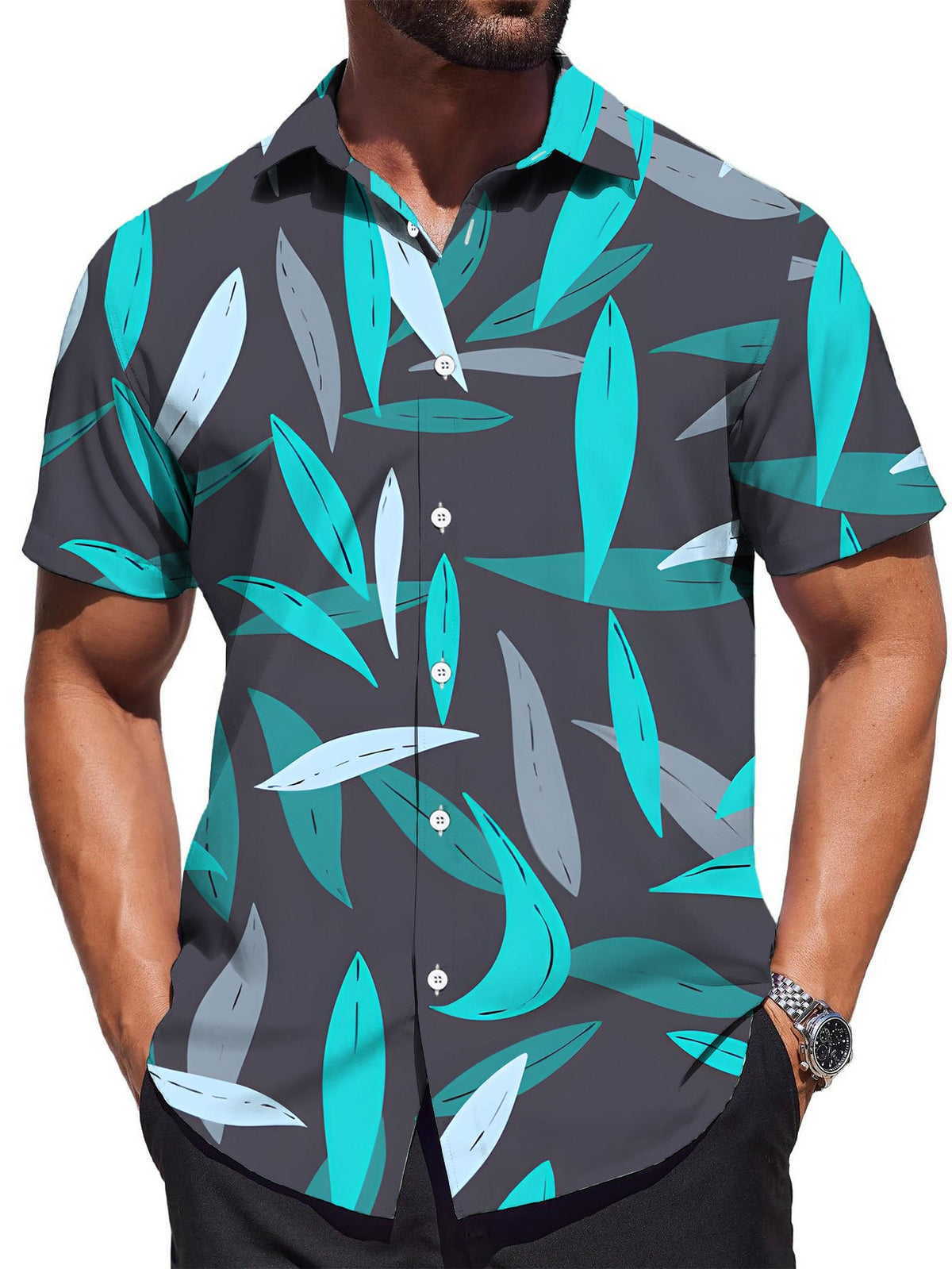 Men's Casual Short-sleeve Shirt with Leaf Pattern in Blue and Gray Color Scheme, Simple Style, Suitable for Beach and Summer Wear, Stylish and Versatile for Men's Casual Beach Outfits
