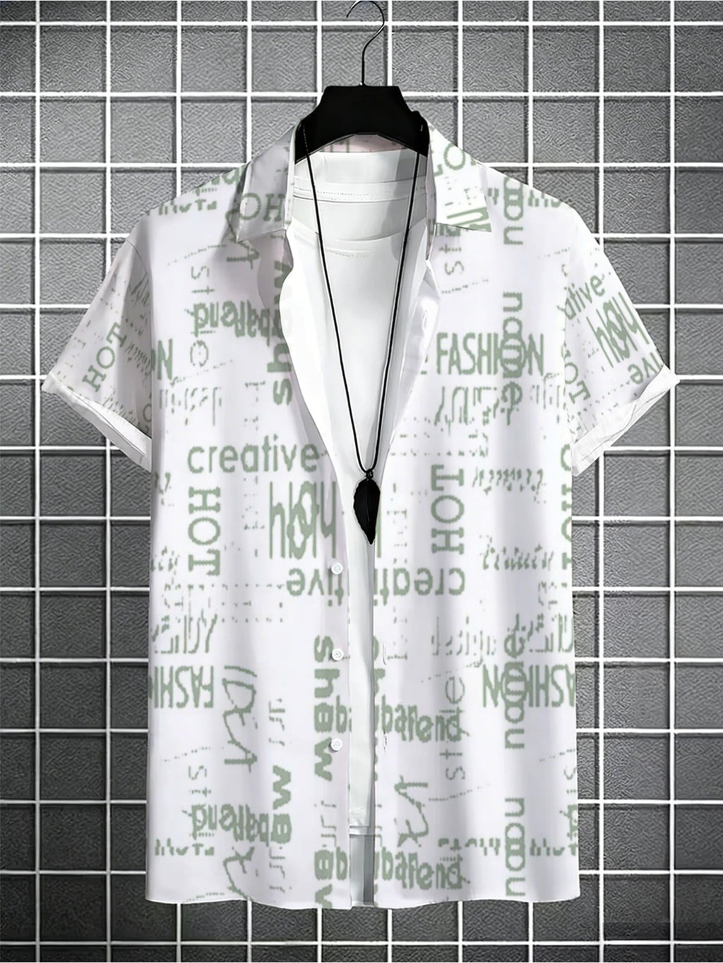Men'S Easy Letter Print Street Style Hawaiian Shirt, White Base with Light Green Trendy Text Print, Short-Sleeved Collared Shirt for Beach Travel, Vacation, And Everyday Casual Wear