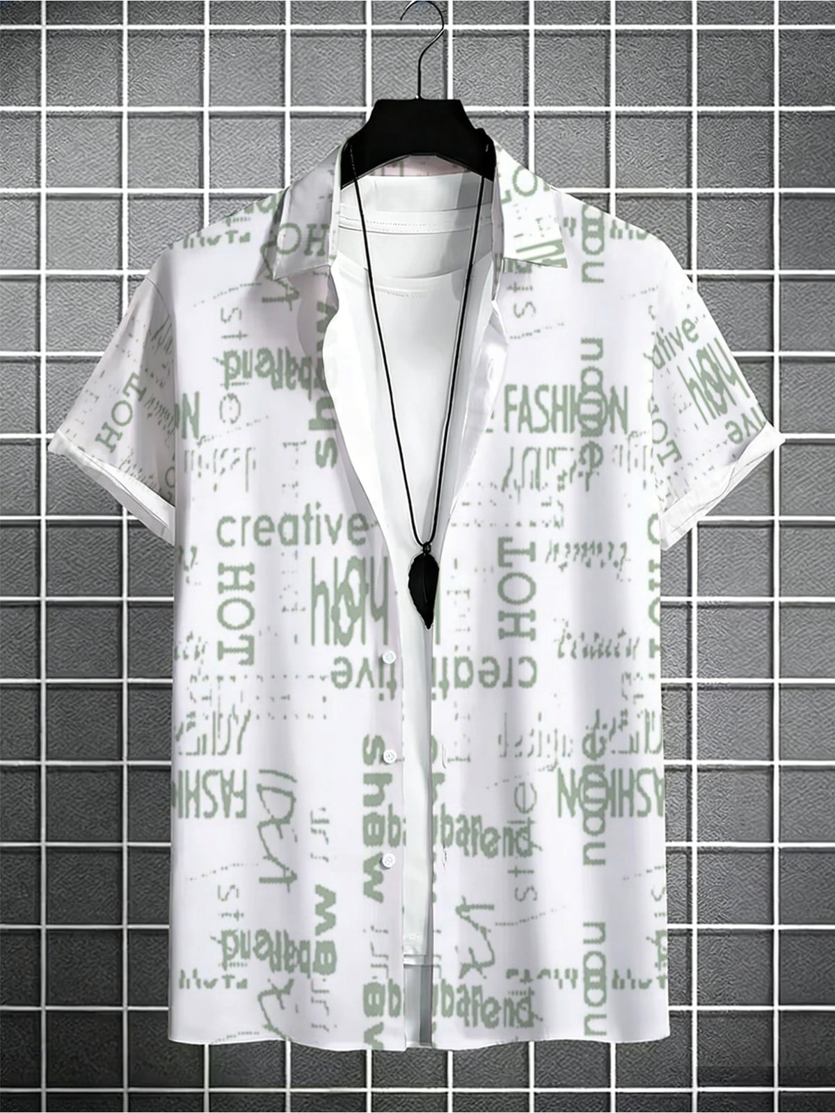 Men'S Easy Letter Print Street Style Hawaiian Shirt, White Base with Light Green Trendy Text Print, Short-Sleeved Collared Shirt for Beach Travel, Vacation, And Everyday Casual Wear