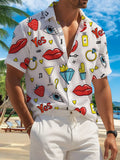 New Men'S Casual Short Sleeve Shirt, Red Lips And Diamonds Trendy Elements Full Layout, Holiday Party Commute Versatile, Polyester Fabric Machine Washable, Button-Print Shirt