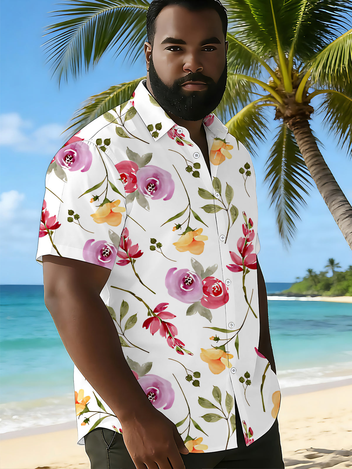 [Print Design – Not Texture] Men's Short-Sleeve Shirt, Trendy Digital Print Short-Sleeve Shirt with Colorful Floral Watercolor Pattern, Stylish and Elegant, Fashion/Clothing/Streetwear/Men/Summer/Print/Fashion Apparel