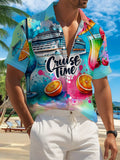 New Men'S Casual Short-Sleeve Shirt, Perfect for Cruise Moments, Vibrant Drinks Accompany Your Journey, Suitable for Holiday Gatherings And Commuting, Versatile Casual Top, Made of Machine-Washable Polyester Fabric, Button-Print Shirt
