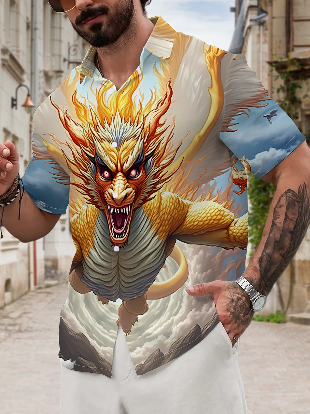 This New Men'S Casual Short-Sleeve Shirt Features a Fiery Winged Beast Design, Perfect for Festive Gatherings And Commuting. Made from Machine-Washable Polyester Fabric, It Has a Button-Up Print Style