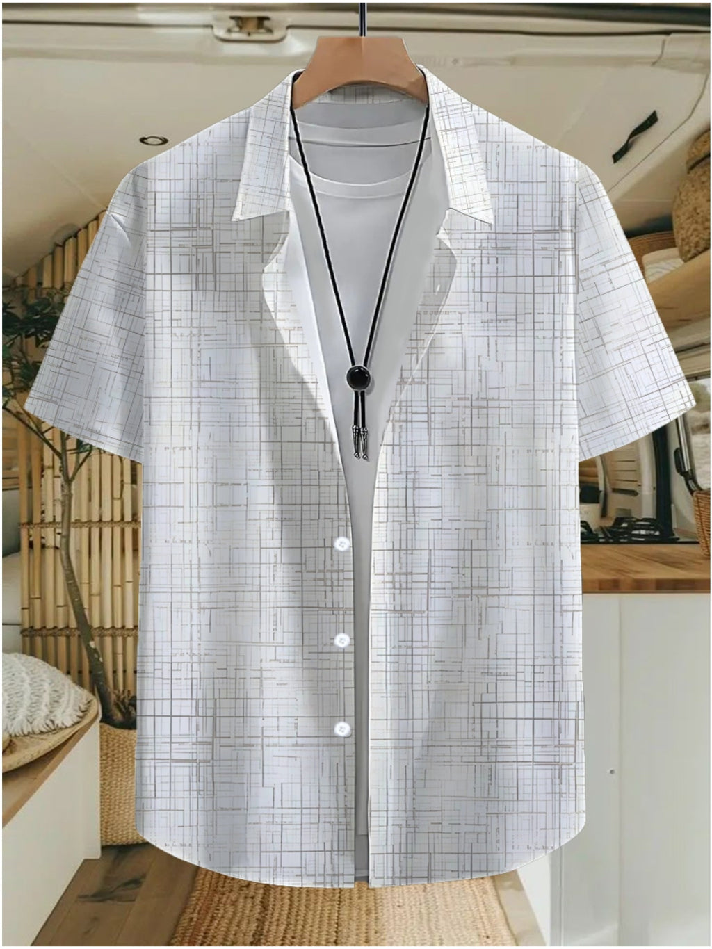Men's Short-sleeve Shirt with Light Brown Crisscrossed Line Pattern Print. Featuring an Base with an Irregular Plaid Design Composed of Light Brown Intersecting Lines, This Shirt Has a Loose Fit with a Single-breasted Button Placket