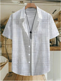 Men's Short-sleeve Shirt with Light Brown Crisscrossed Line Pattern Print. Featuring an Base with an Irregular Plaid Design Composed of Light Brown Intersecting Lines, This Shirt Has a Loose Fit with a Single-breasted Button Placket