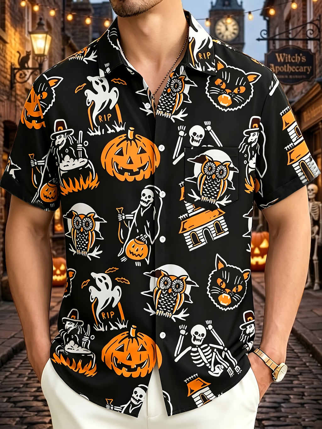 Halloween Pattern Print Men's Plus Size Holiday Short Sleeve Shirt, PLUS SIZE