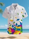 Fashion Geometric Print Men'S Casual Shirt - Short Sleeve Button Design, Summer Outdoor And Leisure Wear