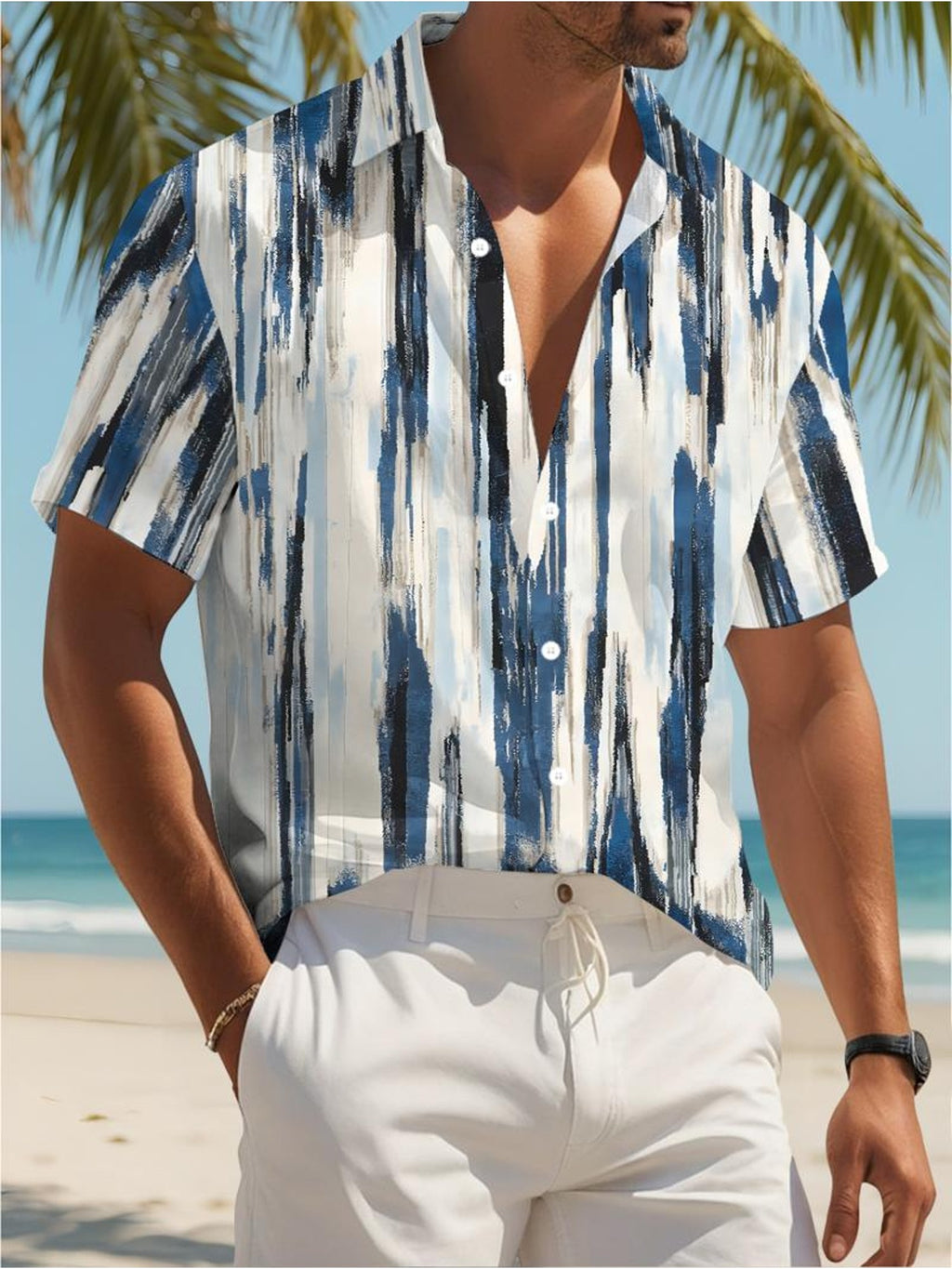 Abstract Striped Pattern Men's Casual Shirt Summer Beach Wear Light And Breathable Design for Warm Weather Outings