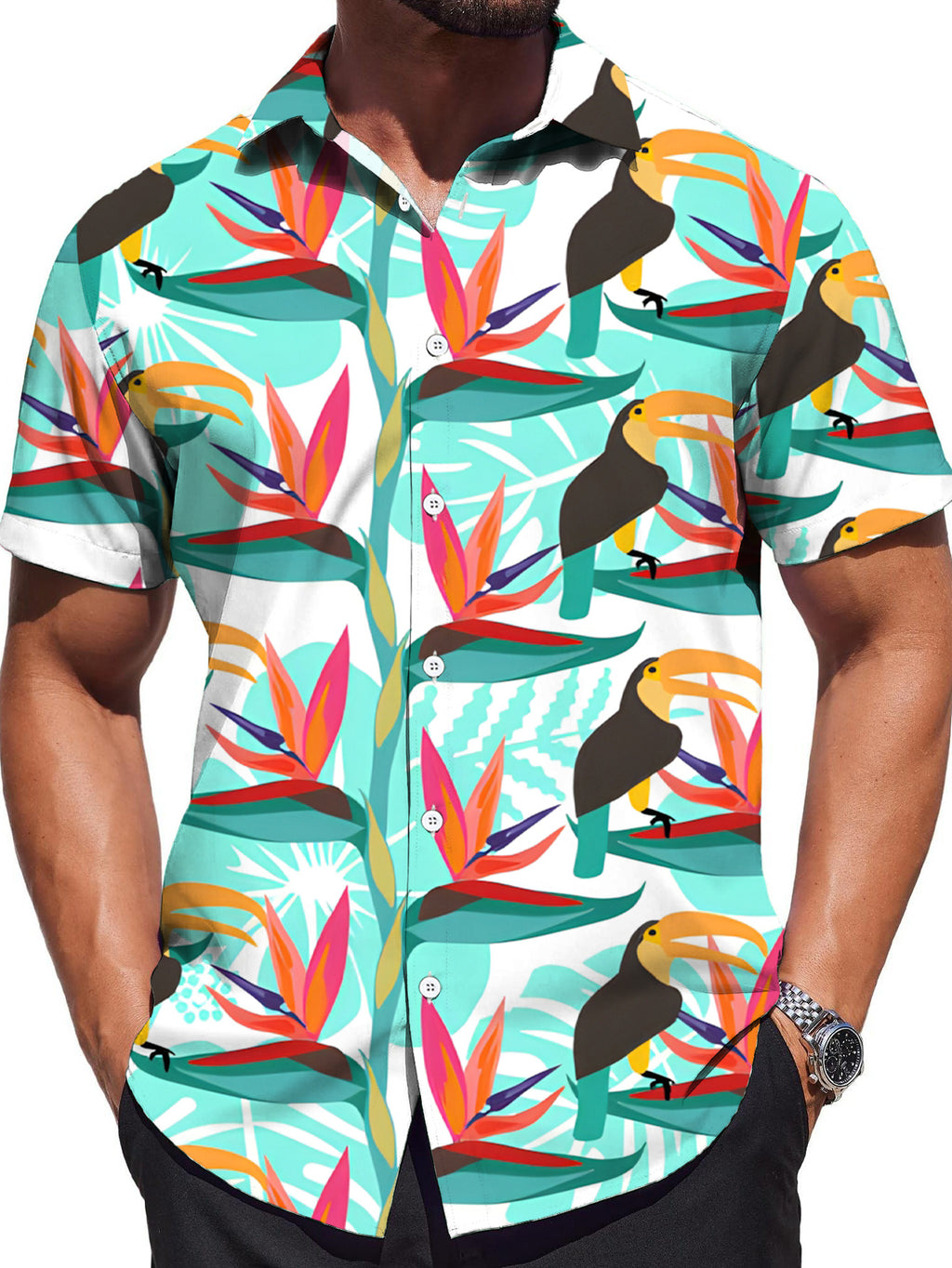 [Printed Design - Not Texture] Casual Shirt Men'S Label Short Sleeve Shirt Toucan Tropical Plant Pattern Fashionable Atmospheric Dopamine Party Top Summer/Clothing/Trendy/Clothes/Street/Men