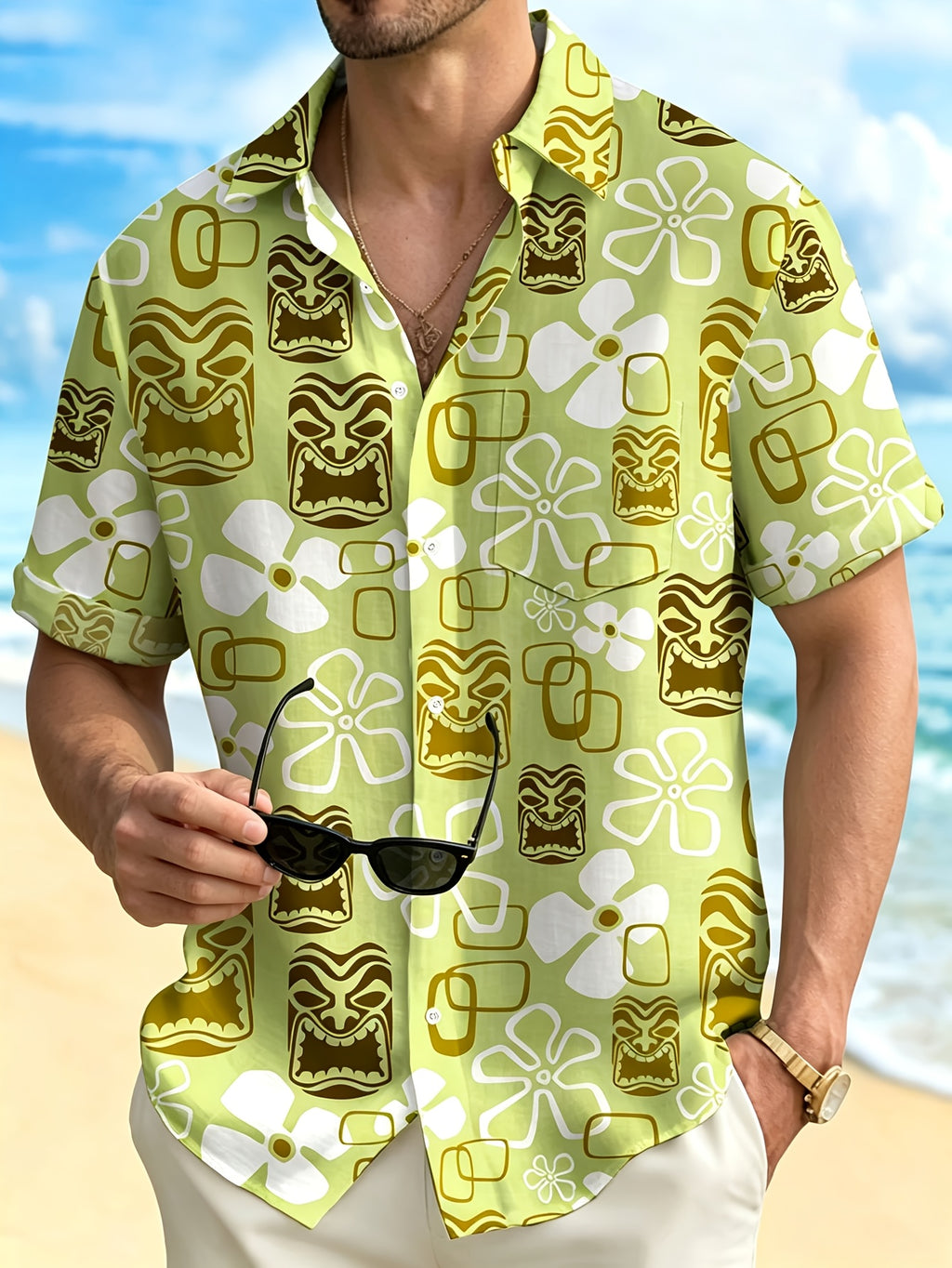 Floral TiKi Print Men's Plus Size Short Sleeve Shirt, PLUS SIZE