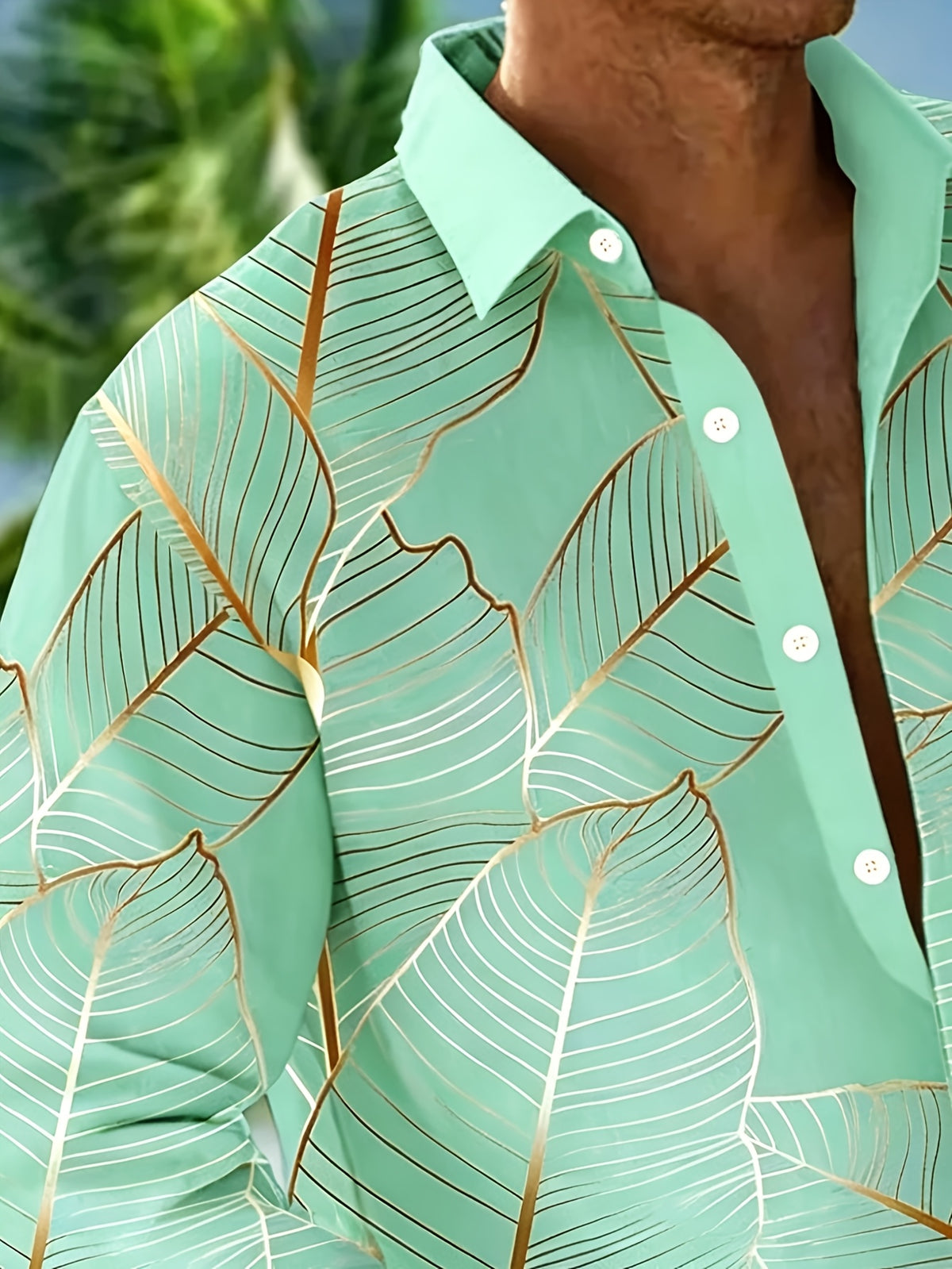 Hawaiian Botanical Leaf Gradient Print Men's Plus Size Button-Up Pocket Long Sleeve Shirt, PLUS SIZE