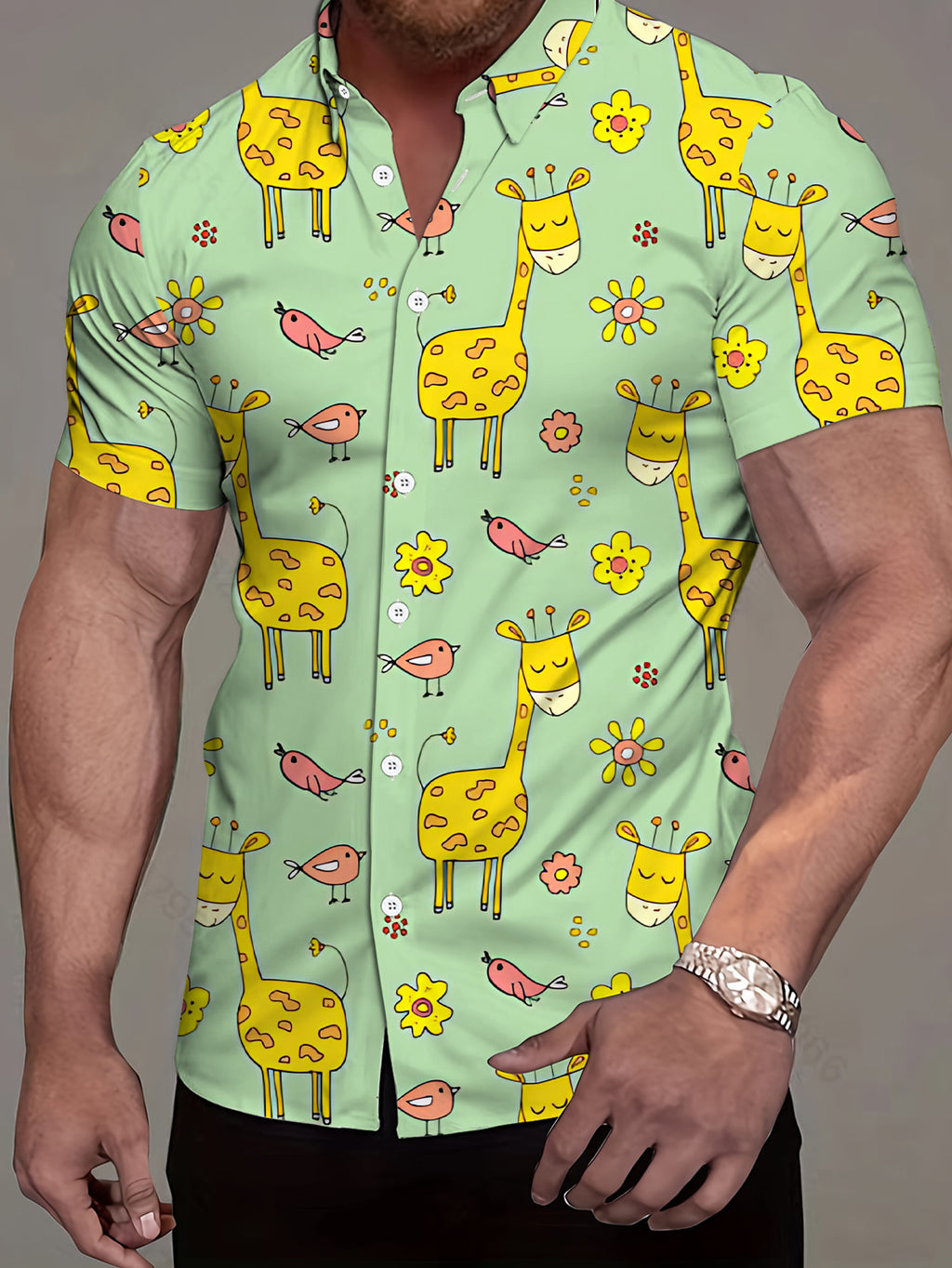 [Print Design - Not Texture] Short Sleeve Shirt Men'S Trendy Digital Print Short Sleeve Shirt Yellow Green Pink Cartoon Animal Pattern Fashionable And Grand Street/Trendy/Print/Clothing/Apparel/Summer/Men