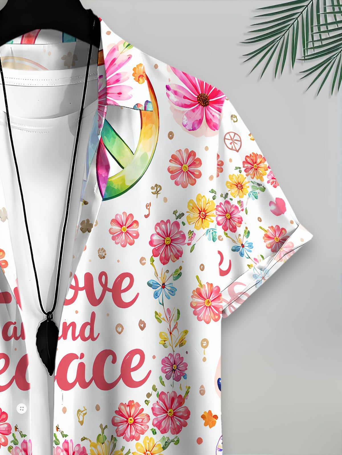Hawaiian Style Men's Casual Shirt "Love and Peace" Floral Print with Summer Colorful Flowers and Peace Symbol Design