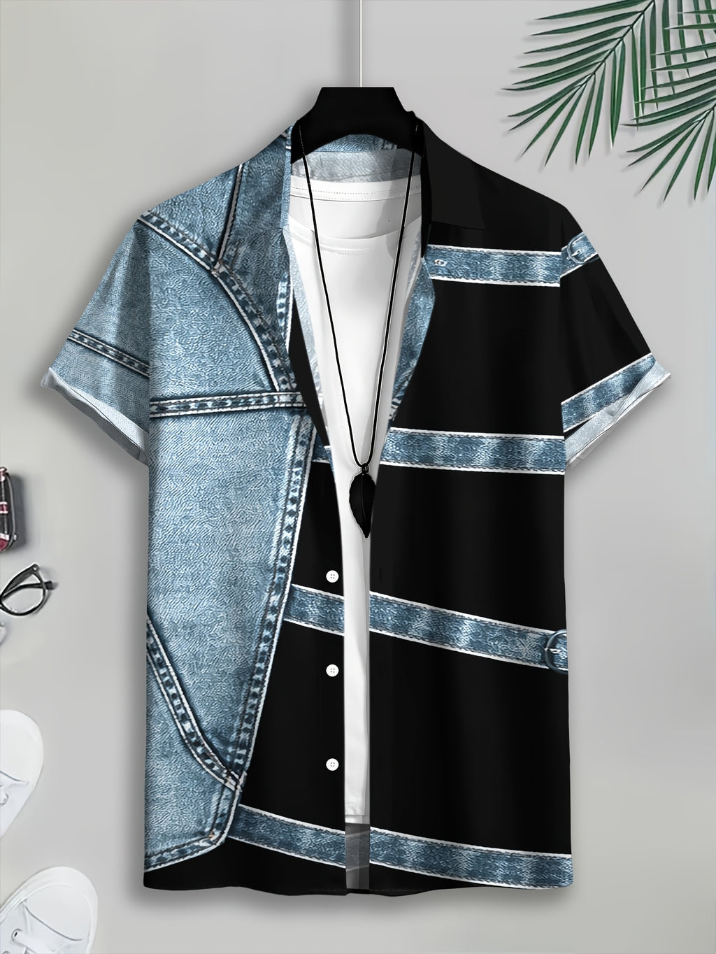 PrintedDesign-NotTextured 2dprinting Denim And Black Patchwork Style Men's Casual Shirt Print Denim Texture Design Summer Bold Contrast Panels