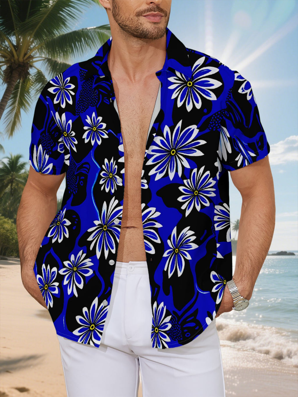 New Men'S Casual Short-Sleeve Shirt with a Blue-Black Base And White-Blue Floral Patterns. It Features an Elegant Exotic Feel, Suitable for Holiday Gatherings, Commuting, And Casual Wear. Made from Machine-Washable Polyester Fabric