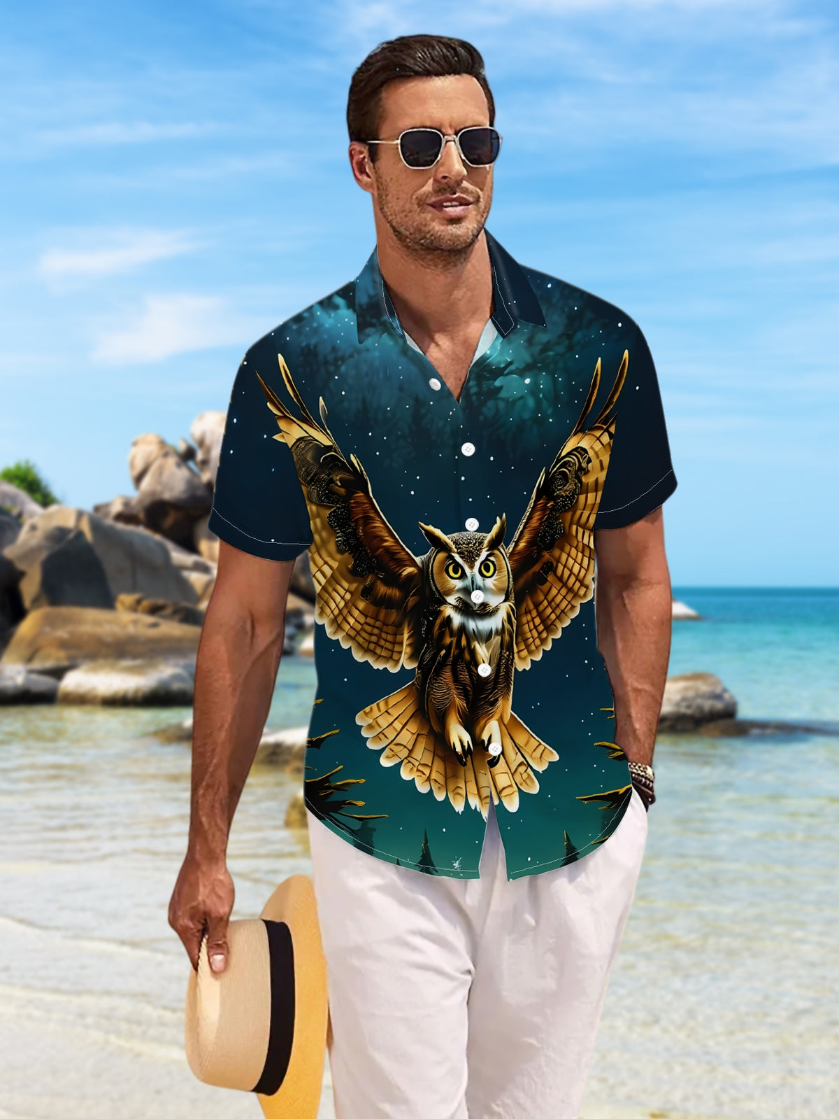 New Men'S Casual Short Sleeve Shirt, Dark Night Starry Sky Underneath, Enormous Owl Flapping on Tree Top, Holiday Party Commute All-Match Fabric Machine Washable Button-Up Shirt
