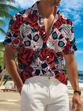 New Men'S Casual Short Sleeve Shirt, Decorated Skull Wrapped in Red Roses Full Coverage, Holiday Party Commute Versatile, Polyester Fabric Machine Washable, Button-Print Shirt