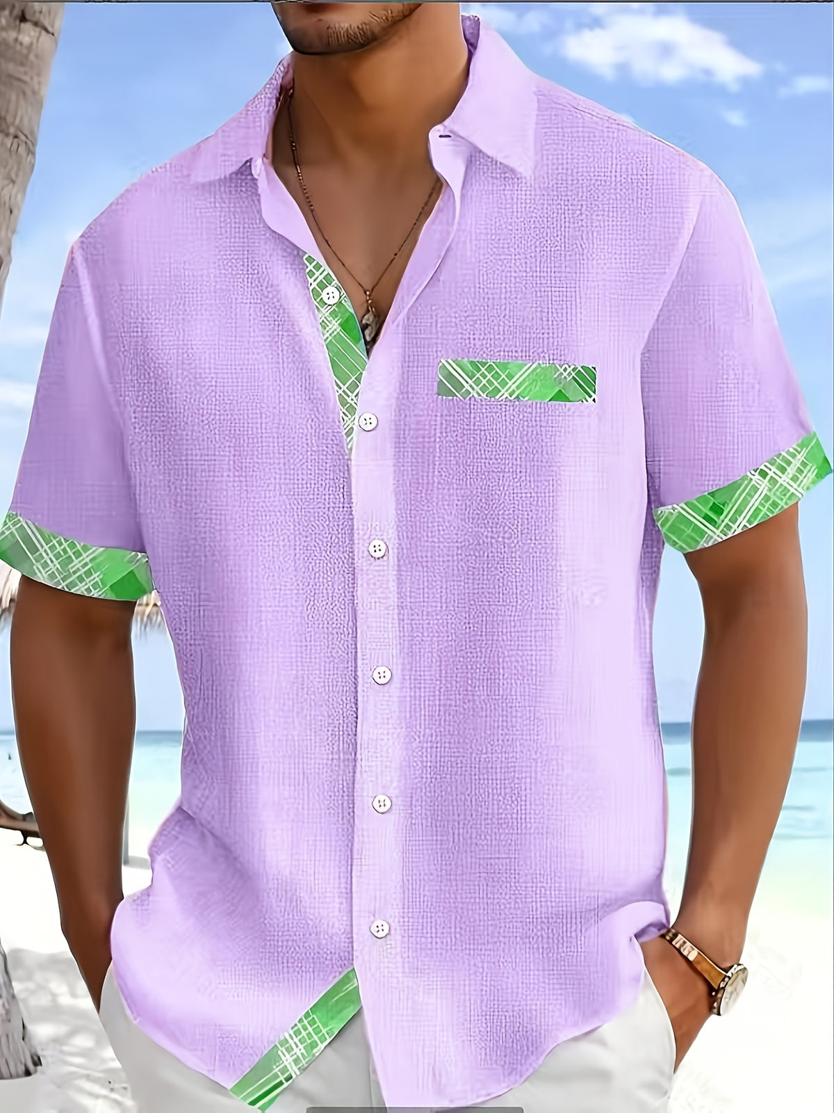 Basic Geometric Plaid Print Men's Plus Size Button Pocket Short Sleeve Turn- Collar Shirt
