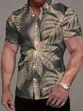Hawaiian Leaf Pattern Print Men's Casual Shirt - Short Sleeve Button-Up Design, Vibrant Colors, Summer Outdoor and Casual Wear, Machine Washable