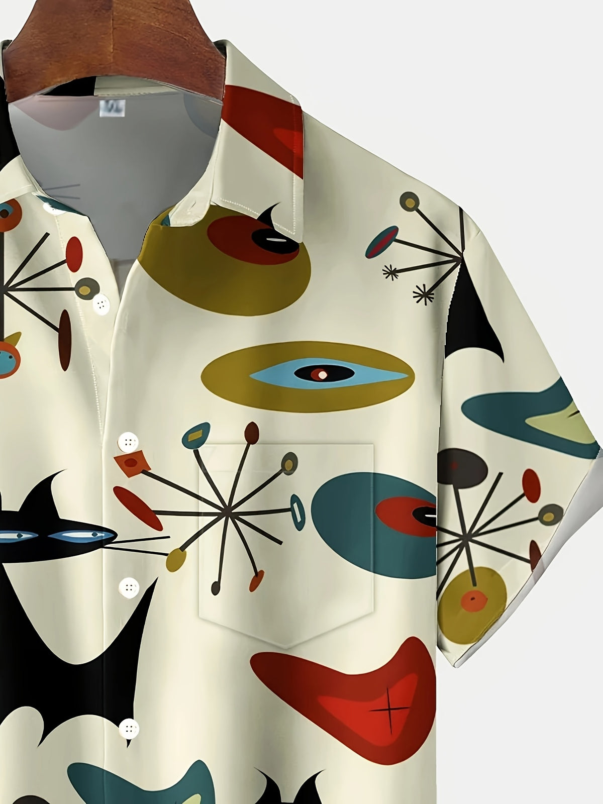 Vintage Medieval Geometric Atomic Cat Print Men's Big & Tall Button- Short Sleeve Shirt, PLUS SIZE