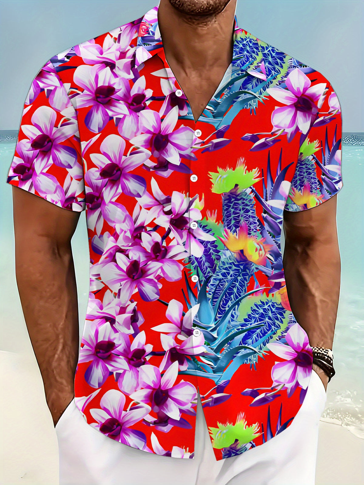 New Men's Casual Short-Sleeve Shirt - Purple Orchid and Pineapple Tropical Print, Red Base with Classic Collar Design, for Summer Beach Vacations and Daily Wear