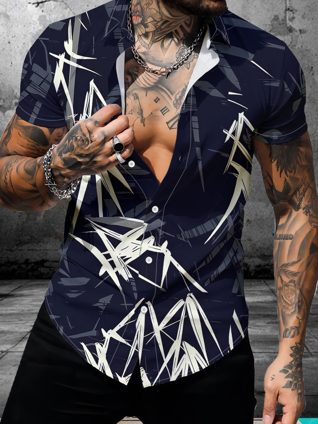 Men'S New Summer Digital Print Short Sleeve Shirt with Trendy Bamboo Rayon Leaf Pattern Casual Turn- Collar Shirt