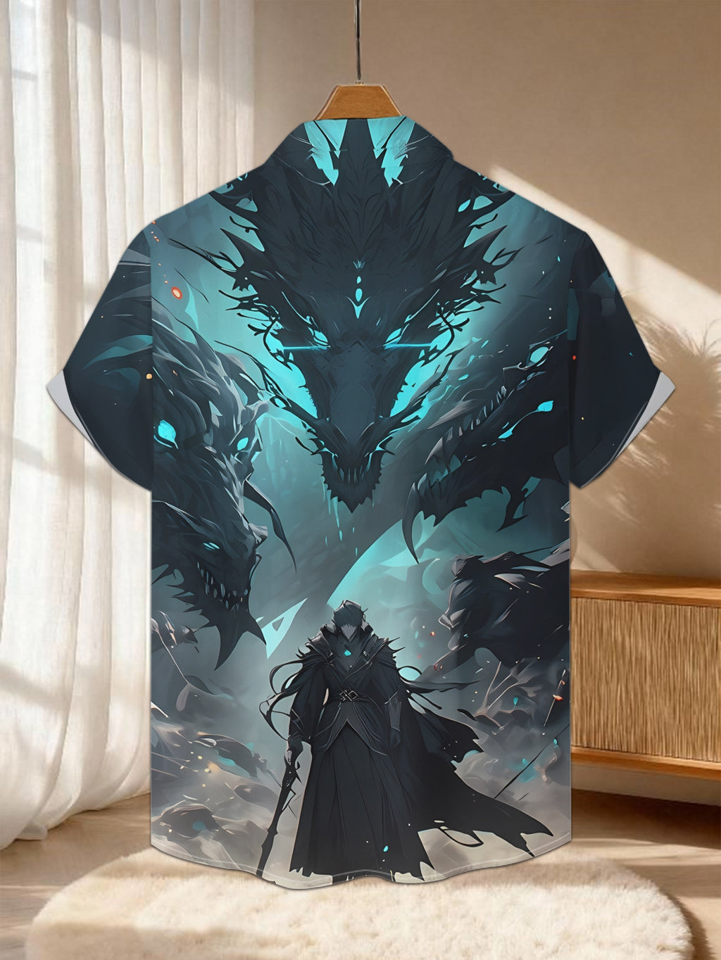 New Men'S Casual Short-Sleeve Shirt Featuring a Black Robe-Wielding Figure Facing a Three-Headed Underworld Dragon, Perfect for Holiday Gatherings And Commuting. Made from Machine-Washable Polyester Fabric with a Button Print Design