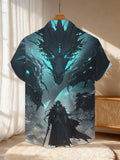 New Men'S Casual Short-Sleeve Shirt Featuring a Black Robe-Wielding Figure Facing a Three-Headed Underworld Dragon, Perfect for Holiday Gatherings And Commuting. Made from Machine-Washable Polyester Fabric with a Button Print Design